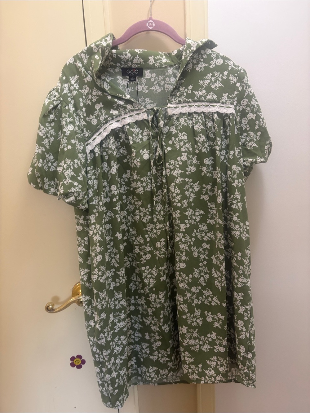 GG Collection Olive Green Floral Midi Dress with White Lace Trim